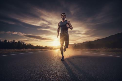 Man running on empty road at golden hour