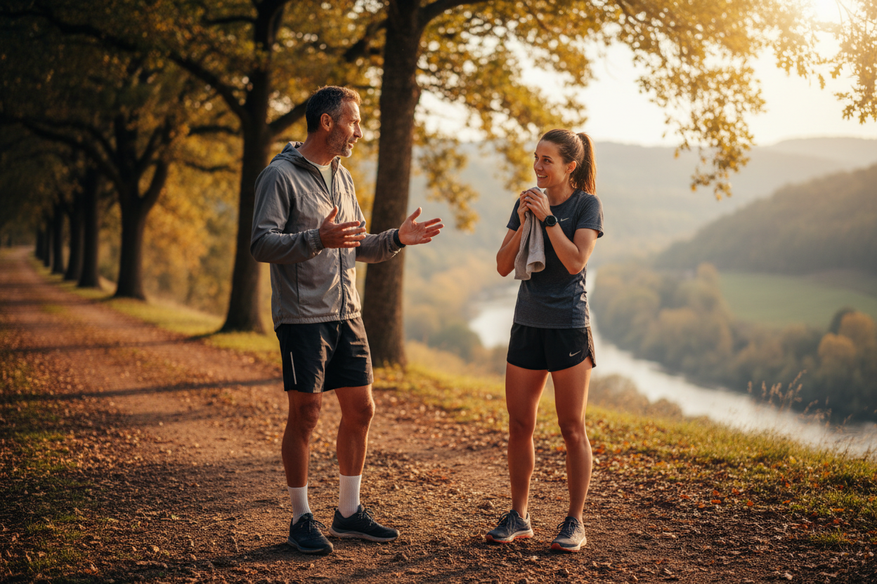 Running coach with female athlete outdoors