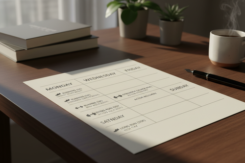 Weekly training schedule on dark desk